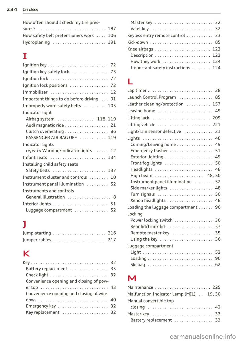 AUDI TT ROADSTER 2015 Owners Manual 234 Index
How often should I check my t ire pres -
sures? . ..... ... . ...... ... .. .. .... . 187
H ow safety belt pretensioners wo rk ... . 106
Hydroplaning ............... .. .... . AUDI TT ROADSTER 2015 Owners Manual 234 Index
How often should I check my t ire pres -
sures? . ..... ... . ...... ... .. .. .... . 187
H ow safety belt pretensioners wo rk ... . 106
Hydroplaning ............... .. .... .