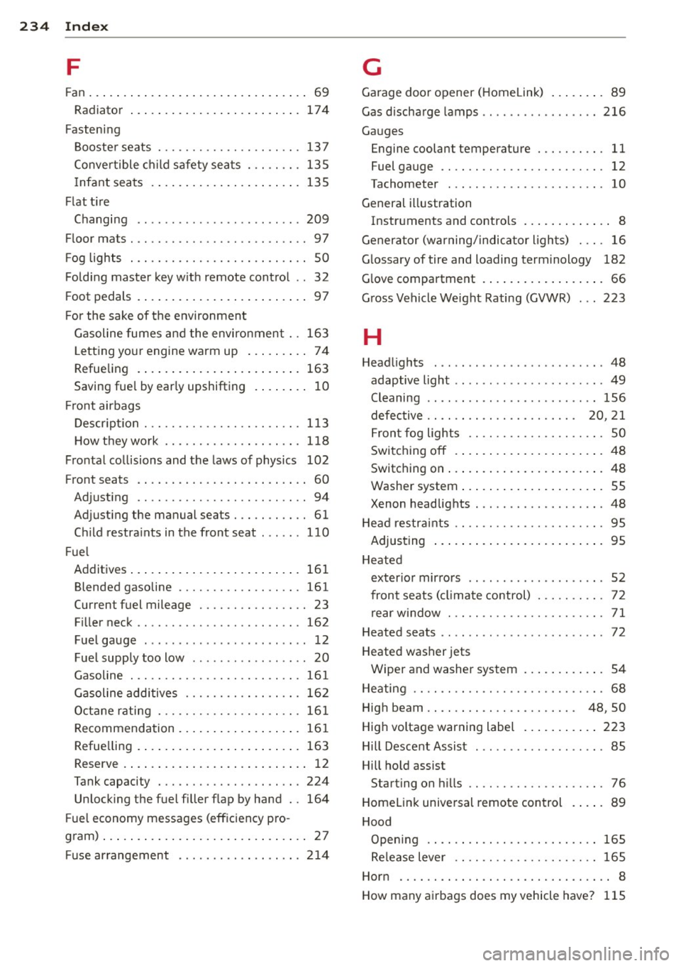 AUDI TT ROADSTER 2014  Owners Manual 234  Index 
F 
Fan  ... . ... ... .. .. ..... ... .. .. .... .. 69 
Radiator  ... .. . .. ..... ... .. .. .... . 174 
Fasten ing 
B ooste r seats  ............ .... .. .. . 
137 
Conve rtible  c hild 