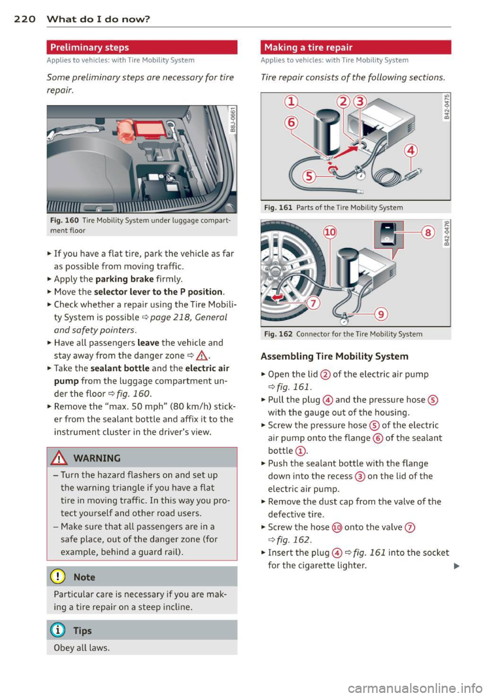 AUDI TT ROADSTER 2011 Owners Manual 220 What do I do now?
Preliminary steps
Applies to vehicles: with T ire Mobility System
Some preliminary steps are necessary for tire
repair .
Fig. 160 Tire Mobili ty System unde AUDI TT ROADSTER 2011 Owners Manual 220 What do I do now?
Preliminary steps
Applies to vehicles: with T ire Mobility System
Some preliminary steps are necessary for tire
repair .
Fig. 160 Tire Mobili ty System unde