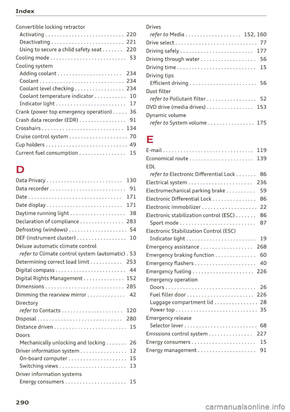 AUDI TT ROADSTER 2019  Owners Manual Index 
  
Convertible locking retractor 
Activating ..... 0... c cece eee eee 220 
DESCtivating «  x wsee 2 cee ss meme ee REE ee 221 
Using to secure a child safety seat....... 220 
Gooling Mod ei: 