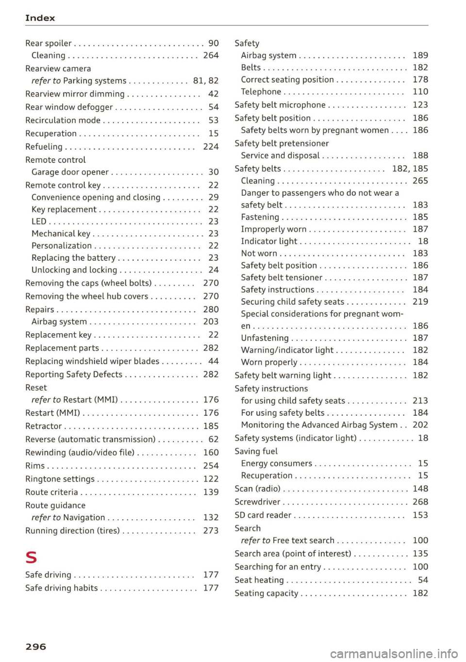 AUDI TT ROADSTER 2019  Owners Manual Index 
  
Rearspoile tics +  2 sesame» © ssemte ow aucun 2  v eae © 90 
Cleaning....... 06... cece eee eee eee 264 
Rearview camera 
refer to Parking systems............. 81, 82 
Rearview mirror di