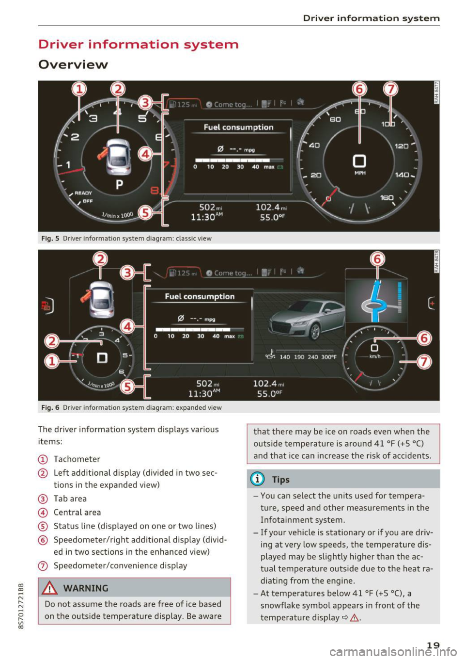 AUDI TT ROADSTER 2017 Owners Manual CD
CD
.... N
" N .... 0 r--. V, co
Driver information system
Overview
Fig. S Dr iver information system diagram: classic v iew
Fig. 6 D river information system diagram : expanded view AUDI TT ROADSTER 2017 Owners Manual CD
CD
.... N
" N .... 0 r--. V, co
Driver information system
Overview
Fig. S Dr iver information system diagram: classic v iew
Fig. 6 D river information system diagram : expanded view