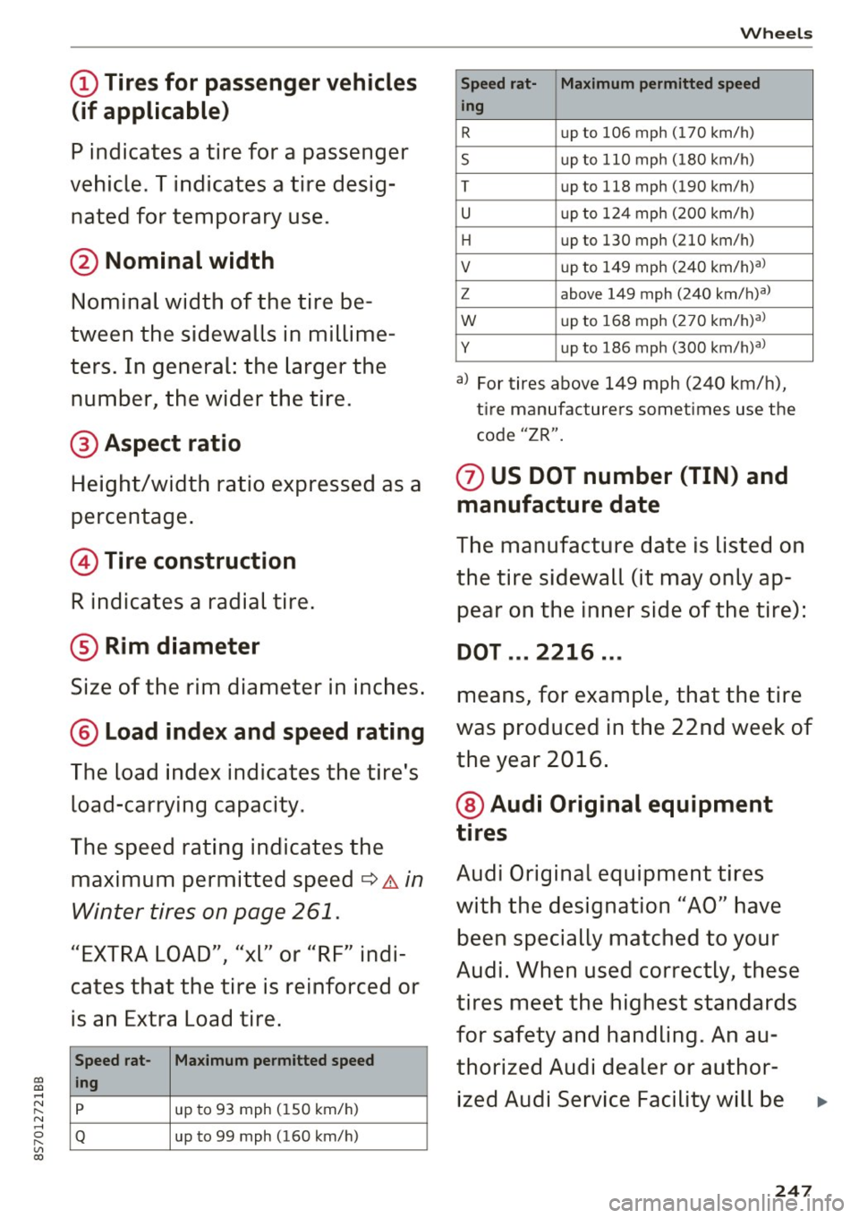 AUDI TT ROADSTER 2017 Owners Manual co
co
.... N
" N .... 0
" " c:o
(D Tires for passenger vehicles
(if applicable)
P indicat es a tir e for a p asse ng er
vehi cle. T indi cates a tire de sig
nated for tempor ary us AUDI TT ROADSTER 2017 Owners Manual co
co
.... N
" N .... 0
" " c:o
(D Tires for passenger vehicles
(if applicable)
P indicat es a tir e for a p asse ng er
vehi cle. T indi cates a tire de sig
nated for tempor ary us