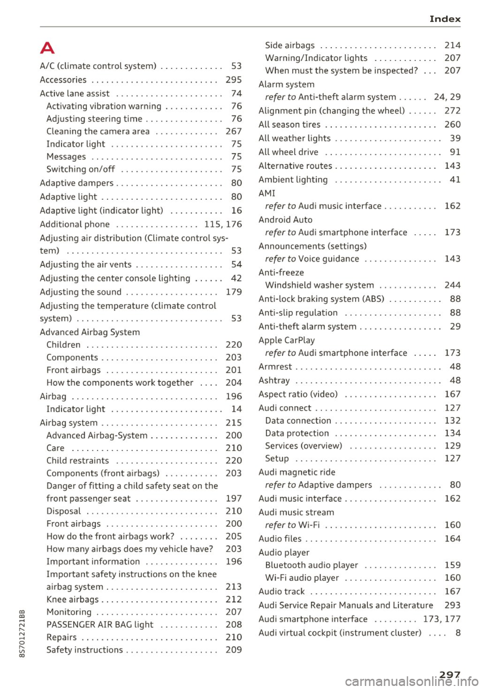 AUDI TT ROADSTER 2017  Owners Manual co 
co 
.... N 
" N .... 0 
" " c:o 
A 
A/C  (climate  control  system) . . .  . .  . .  . . . .  . . 53 
Accessories  . .  . .  . . . .  . . . .  . . . . .  . . .  . . .  . .  . 295 
Active  lane as