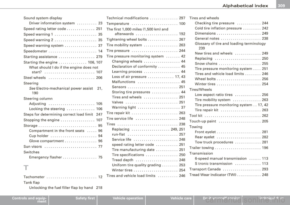 AUDI TT ROADSTER 2008  Owners Manual ______________________________________________ A_ l_,_ p _h_ a_ b_e _t_ic _ a _ l _in _ d_e _ x __ lll 
Sound  system  display 
Driver  info rma tion  system  .... .... ..  23 
Speed  rating  letter  