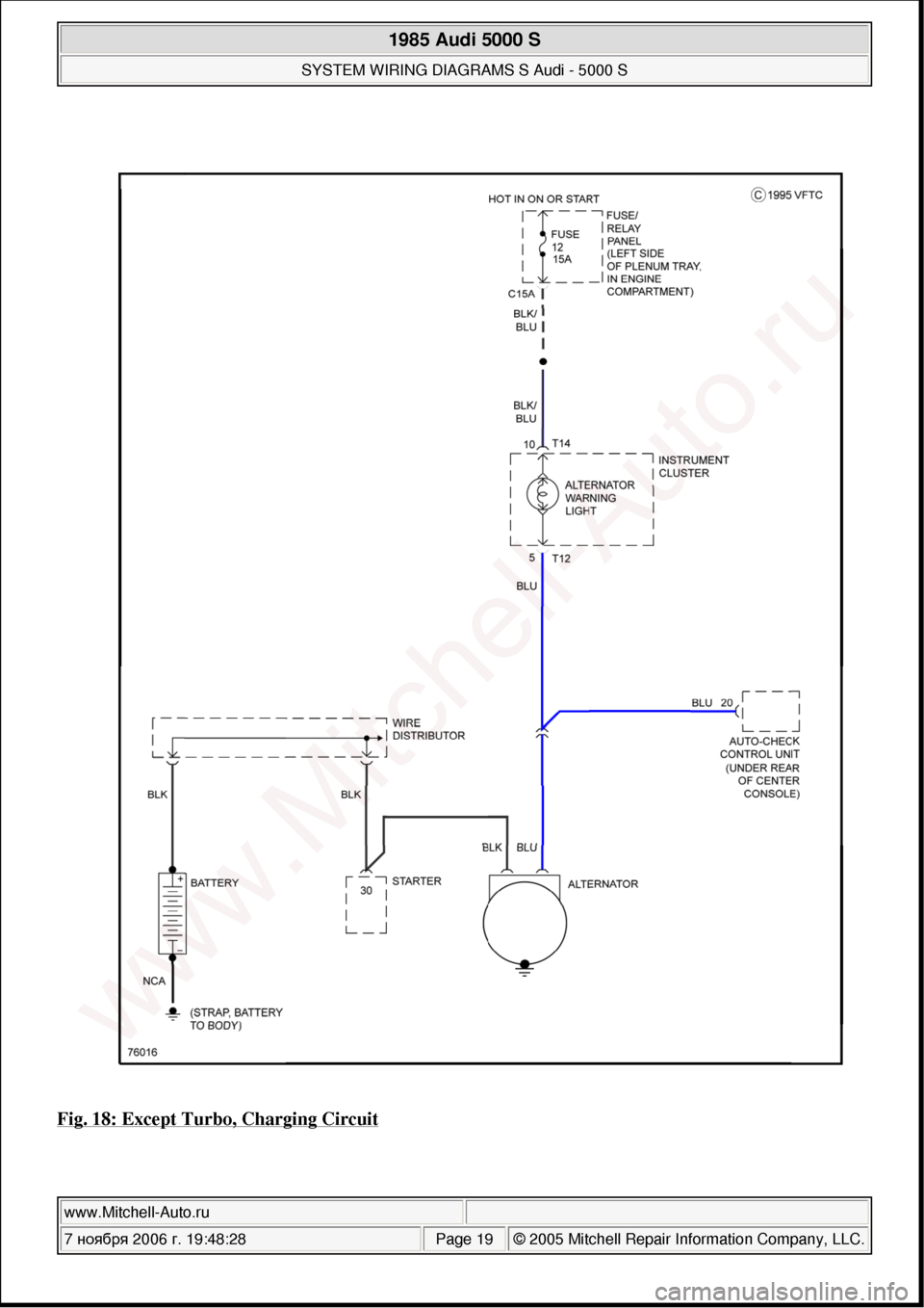 AUDI 5000S 1985 C2 System Wiring Diagram 
Fig. 18: Except Turbo, Charging Circuit 
 
1985 Audi 5000 S 
SYSTEM WIRING DIAGRAMS S Audi - 5000 S  
www.Mitchell-Auto.ru  
7 ноября  2006 г. 19:48:28Page 19 © 2005 Mitchell Repair Informati