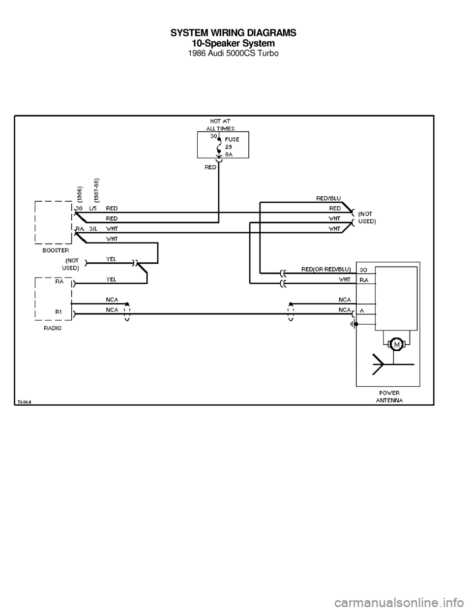AUDI 5000CS 1986 C2 System Wiring Diagram SYSTEM WIRING DIAGRAMS
10-Speaker System
1986 Audi 5000CS Turbo
For x    
Copyright © 1998 Mitchell Repair Information Company, LLCMonday, July 19, 2004  05:52PM 