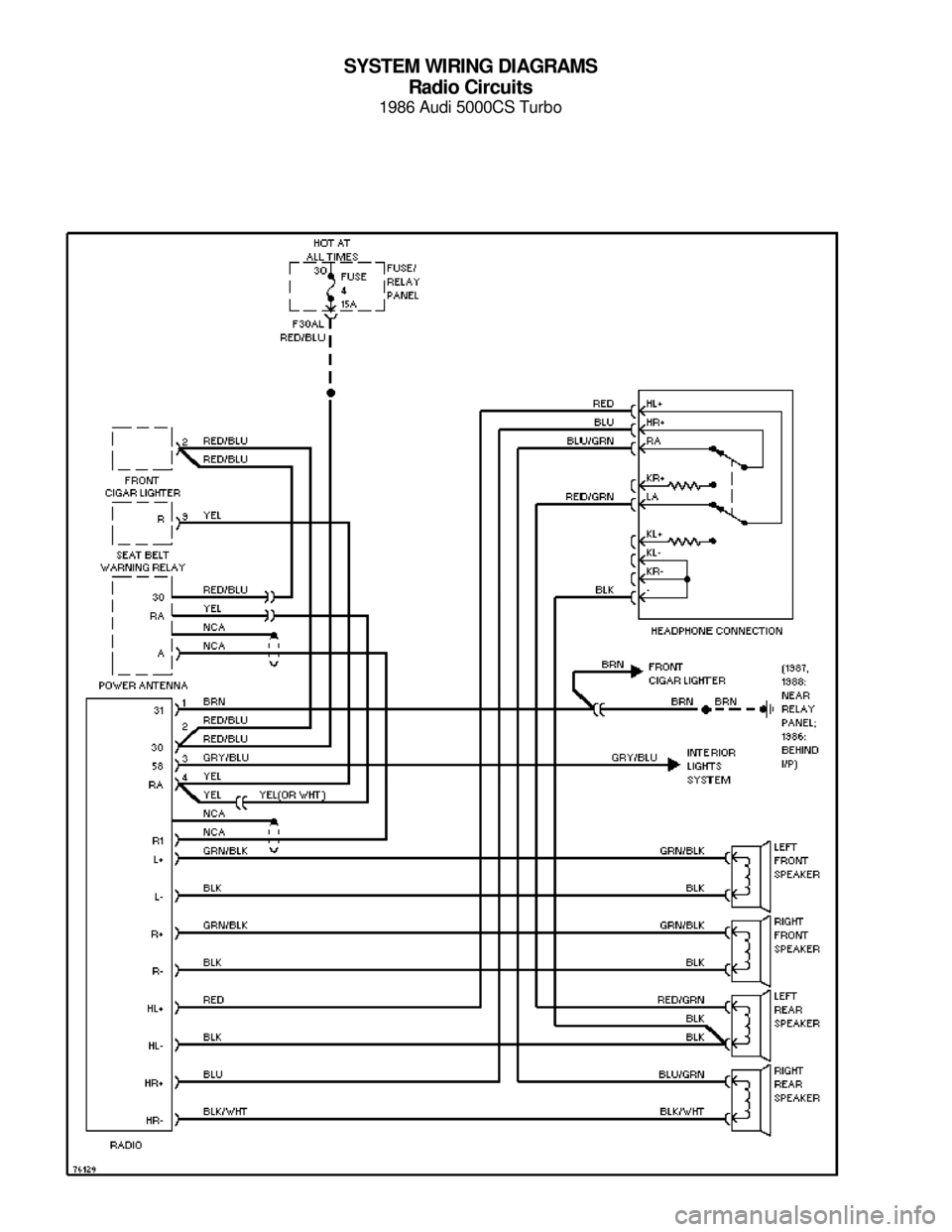 AUDI 5000CS 1986 C2 System Wiring Diagram SYSTEM WIRING DIAGRAMS
Radio Circuits
1986 Audi 5000CS Turbo
For x    
Copyright © 1998 Mitchell Repair Information Company, LLCMonday, July 19, 2004  05:53PM 