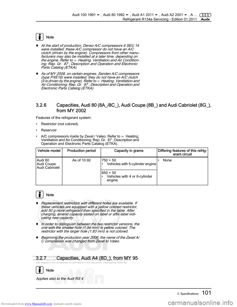 AUDI 100 1991 44 Refrigerant R134a Servising Workshop Manual Downloaded from www.Manualslib.com manuals search engine Protected by copyright. Copying for private or commercial purposes, in p\
art or in whole, is not  
 permitted unless authorised by AUDI AG. AU