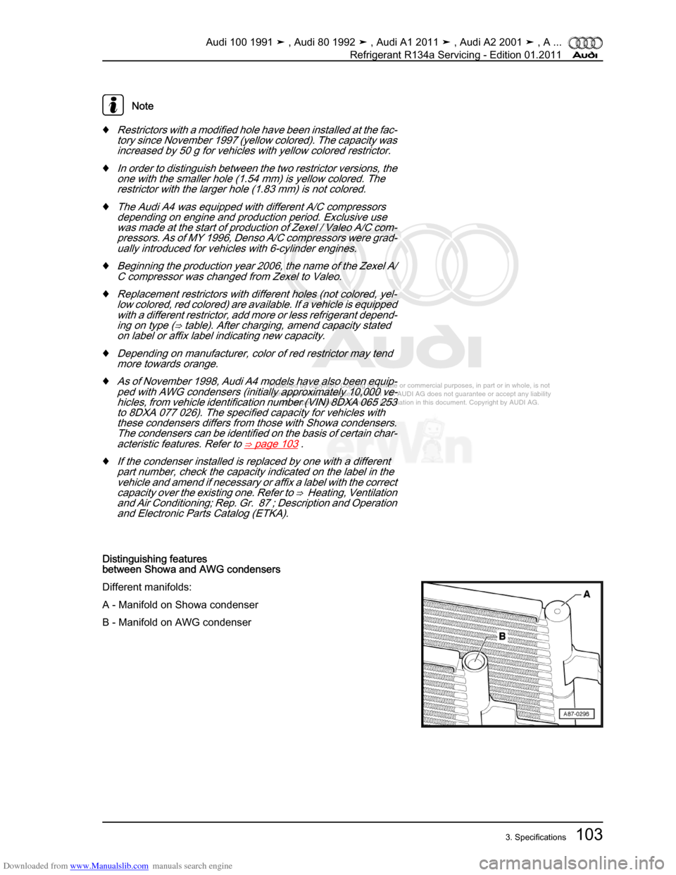 AUDI 100 1991 44 Refrigerant R134a Servising Workshop Manual Downloaded from www.Manualslib.com manuals search engine Protected by copyright. Copying for private or commercial purposes, in p\
art or in whole, is not  
 permitted unless authorised by AUDI AG. AU