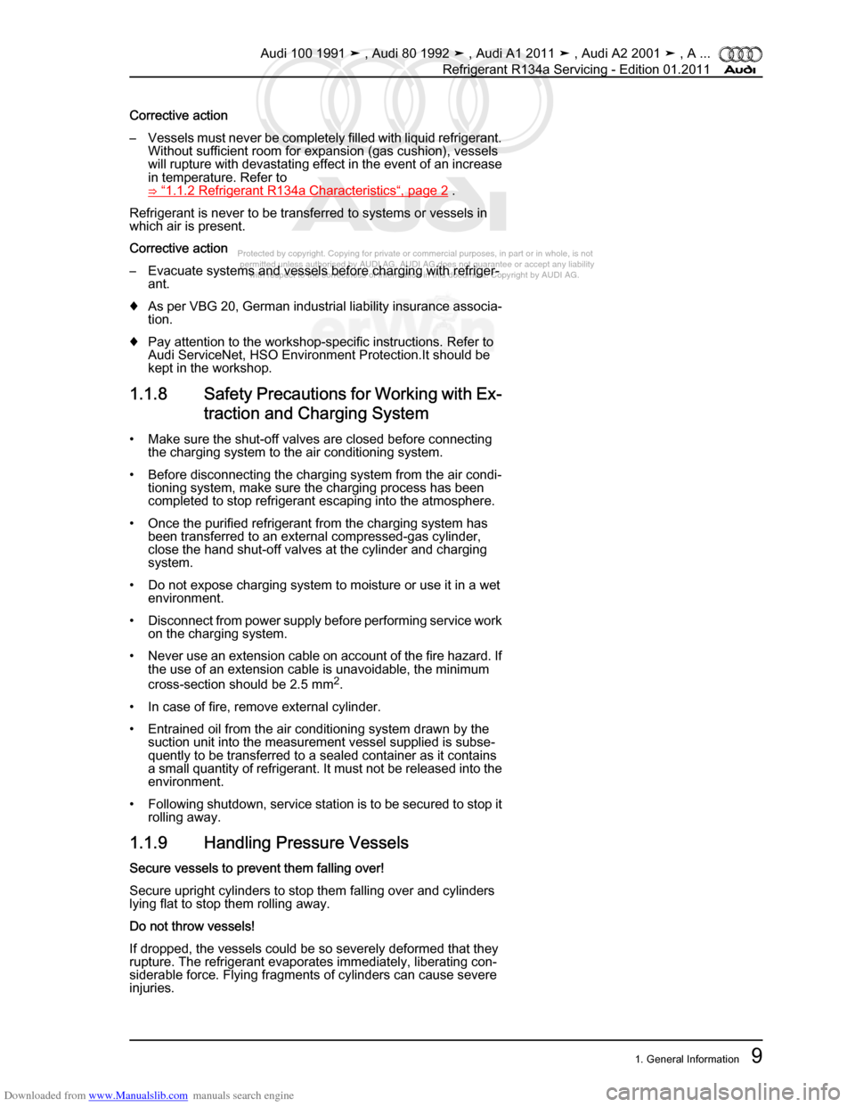 AUDI 100 1991 44 Refrigerant R134a Servising Workshop Manual Downloaded from www.Manualslib.com manuals search engine Protected by copyright. Copying for private or commercial purposes, in p\
art or in whole, is not  
 permitted unless authorised by AUDI AG. AU