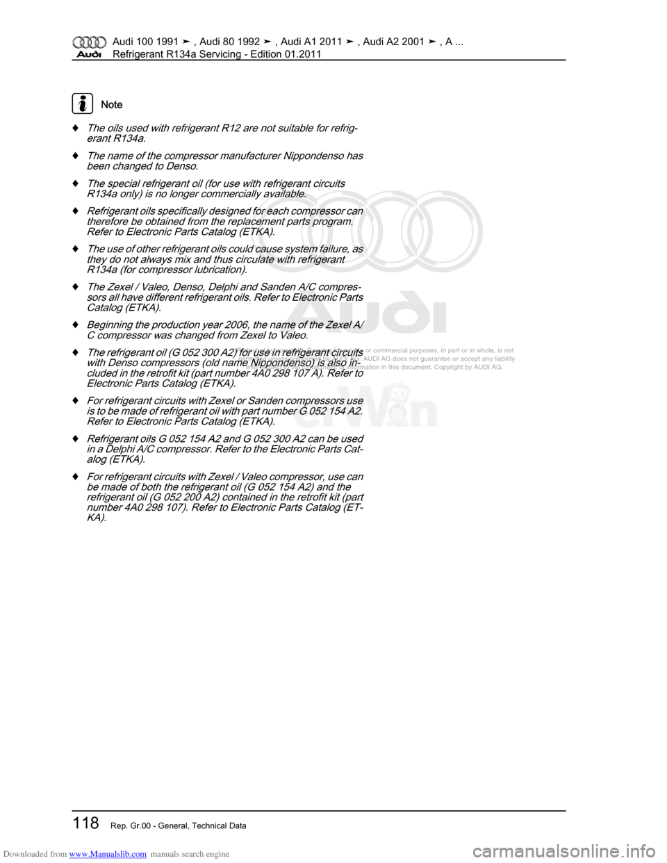 AUDI 100 1991 44 Refrigerant R134a Servising Workshop Manual Downloaded from www.Manualslib.com manuals search engine Protected by copyright. Copying for private or commercial purposes, in p\
art or in whole, is not  
 permitted unless authorised by AUDI AG. AU
