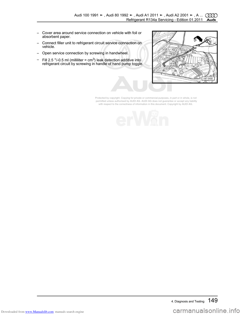 AUDI 100 1991 44 Refrigerant R134a Servising Workshop Manual Downloaded from www.Manualslib.com manuals search engine Protected by copyright. Copying for private or commercial purposes, in p\
art or in whole, is not  
 permitted unless authorised by AUDI AG. AU