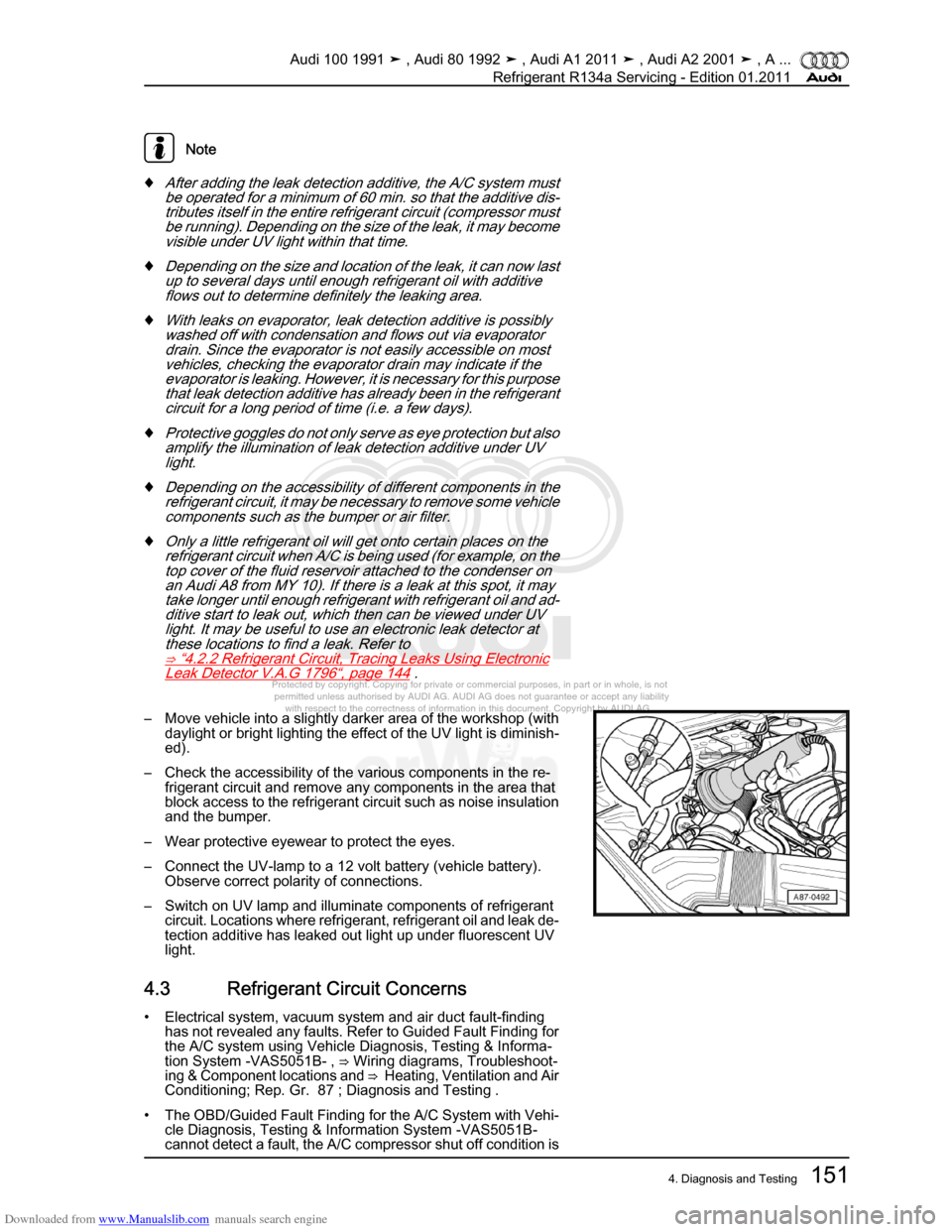 AUDI 100 1991 44 Refrigerant R134a Servising Workshop Manual Downloaded from www.Manualslib.com manuals search engine Protected by copyright. Copying for private or commercial purposes, in p\
art or in whole, is not  
 permitted unless authorised by AUDI AG. AU