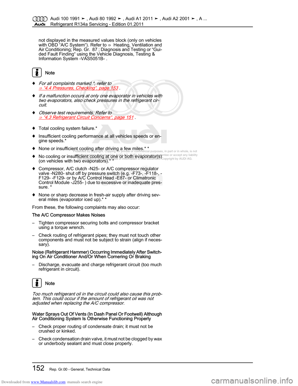 AUDI 100 1991 44 Refrigerant R134a Servising Workshop Manual Downloaded from www.Manualslib.com manuals search engine Protected by copyright. Copying for private or commercial purposes, in p\
art or in whole, is not  
 permitted unless authorised by AUDI AG. AU