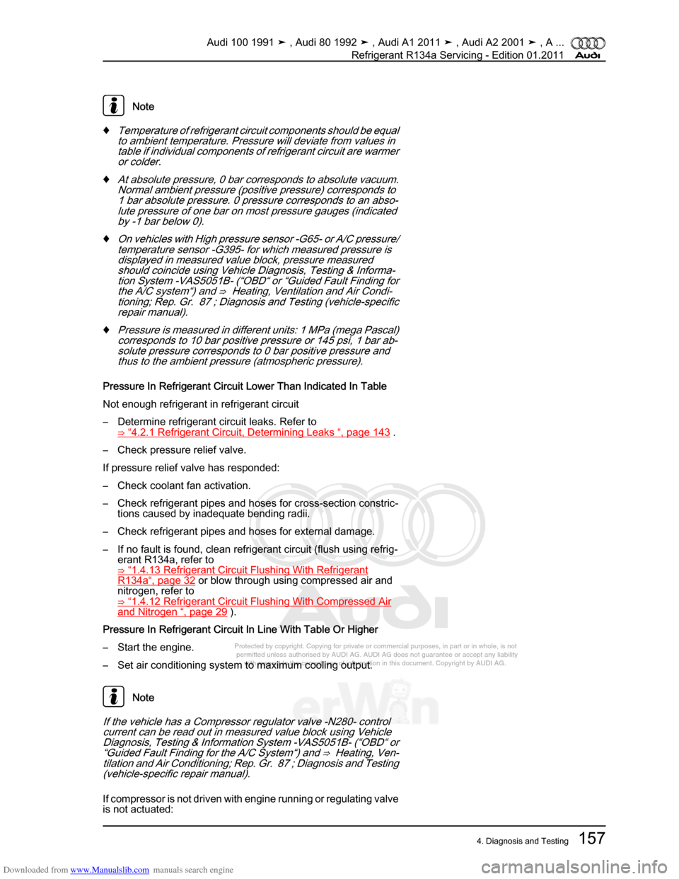 AUDI 100 1991 44 Refrigerant R134a Servising Workshop Manual Downloaded from www.Manualslib.com manuals search engine Protected by copyright. Copying for private or commercial purposes, in p\
art or in whole, is not  
 permitted unless authorised by AUDI AG. AU