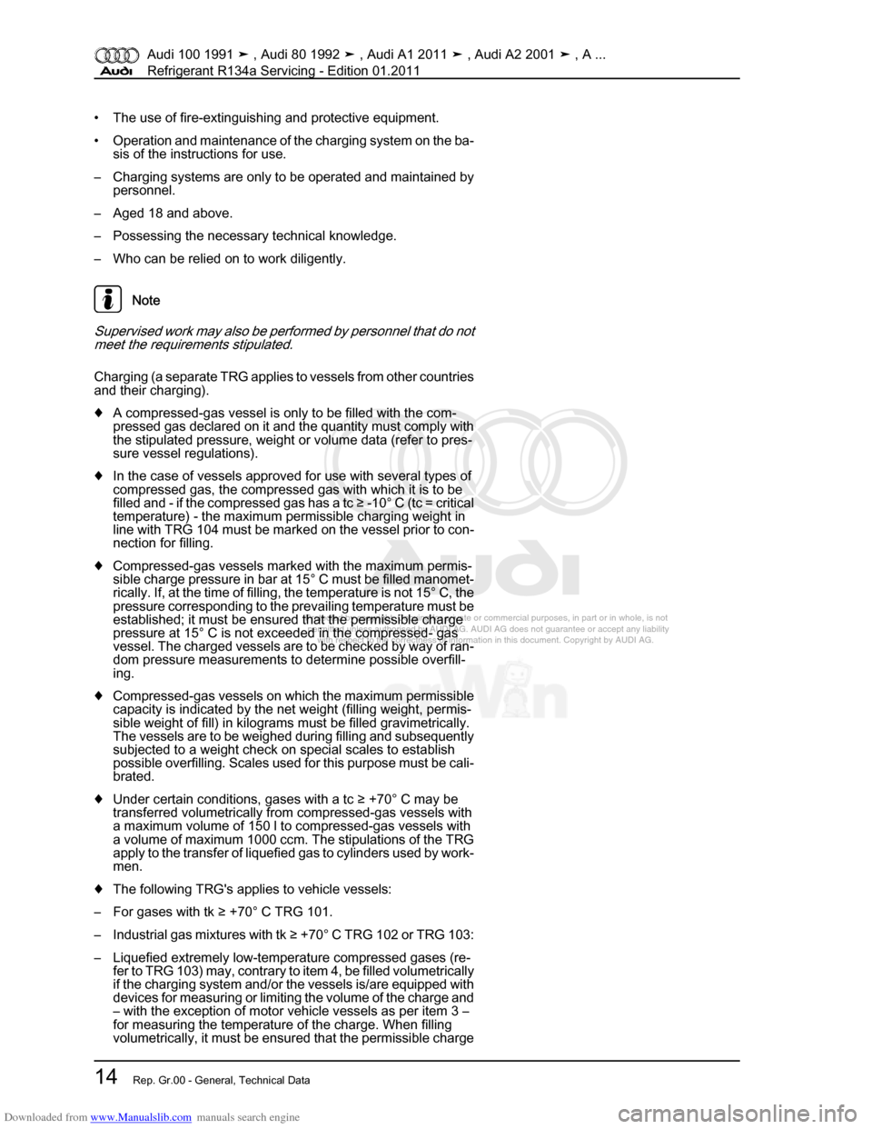 AUDI 100 1991 44 Refrigerant R134a Servising Workshop Manual Downloaded from www.Manualslib.com manuals search engine Protected by copyright. Copying for private or commercial purposes, in p\
art or in whole, is not  
 permitted unless authorised by AUDI AG. AU