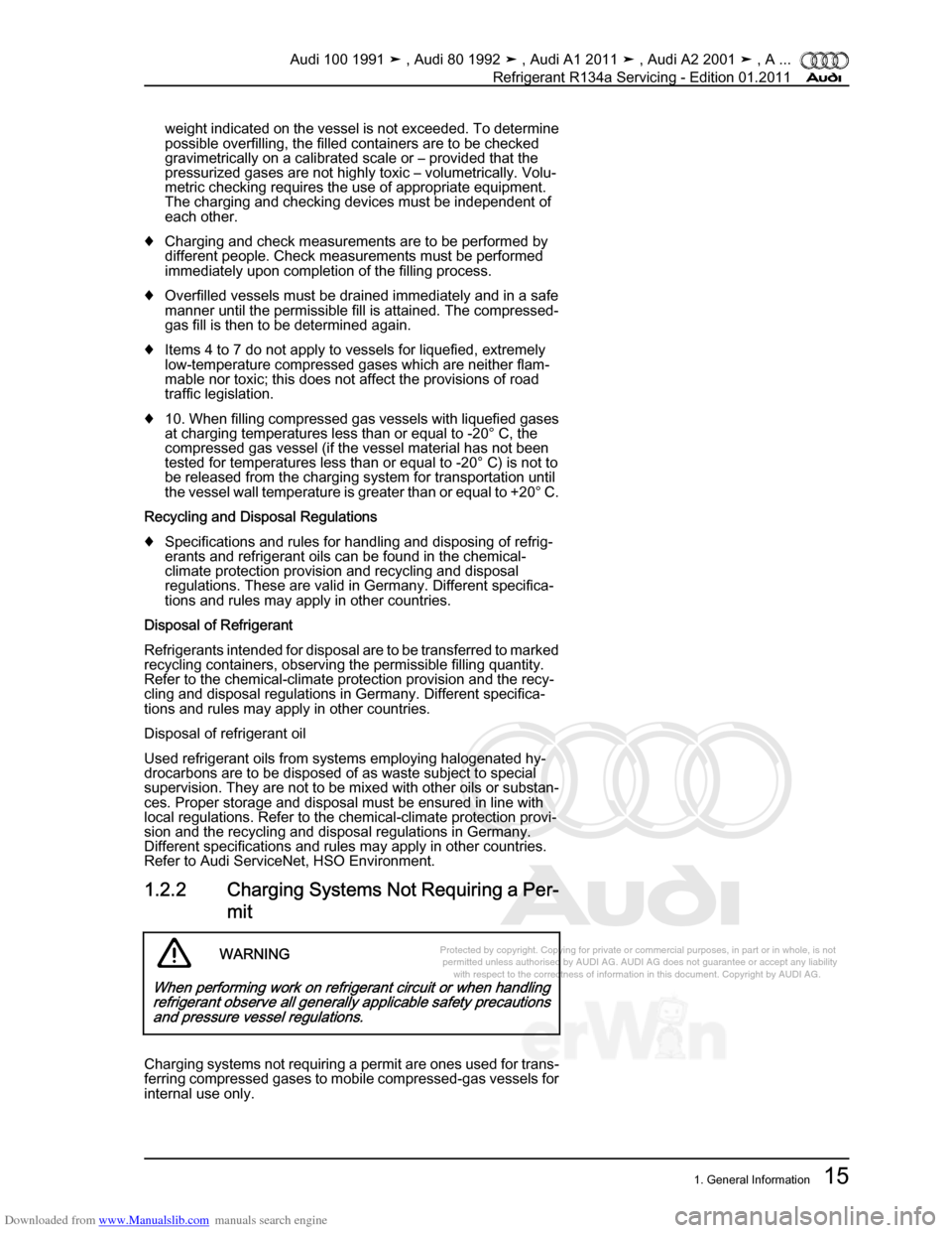 AUDI 100 1991 44 Refrigerant R134a Servising Workshop Manual Downloaded from www.Manualslib.com manuals search engine Protected by copyright. Copying for private or commercial purposes, in p\
art or in whole, is not  
 permitted unless authorised by AUDI AG. AU