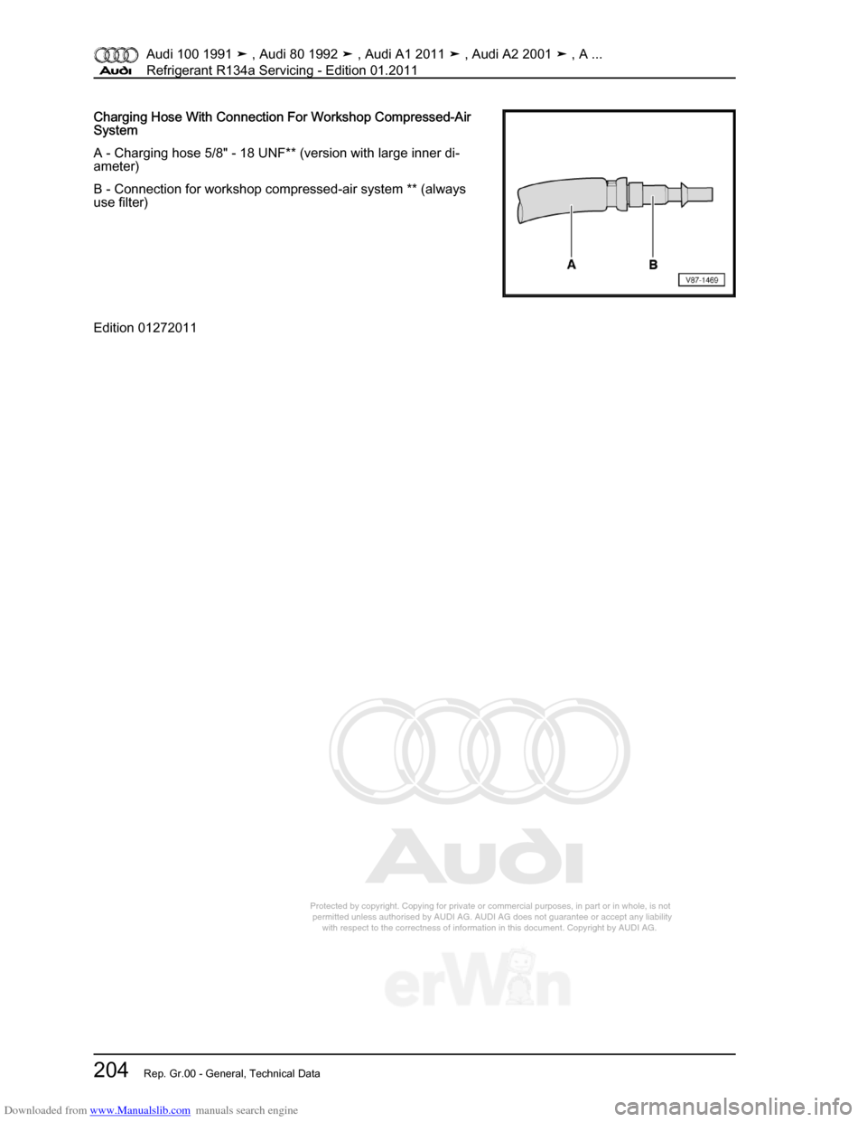 AUDI 100 1991 44 Refrigerant R134a Servising Workshop Manual Downloaded from www.Manualslib.com manuals search engine Protected by copyright. Copying for private or commercial purposes, in p\
art or in whole, is not  
 permitted unless authorised by AUDI AG. AU
