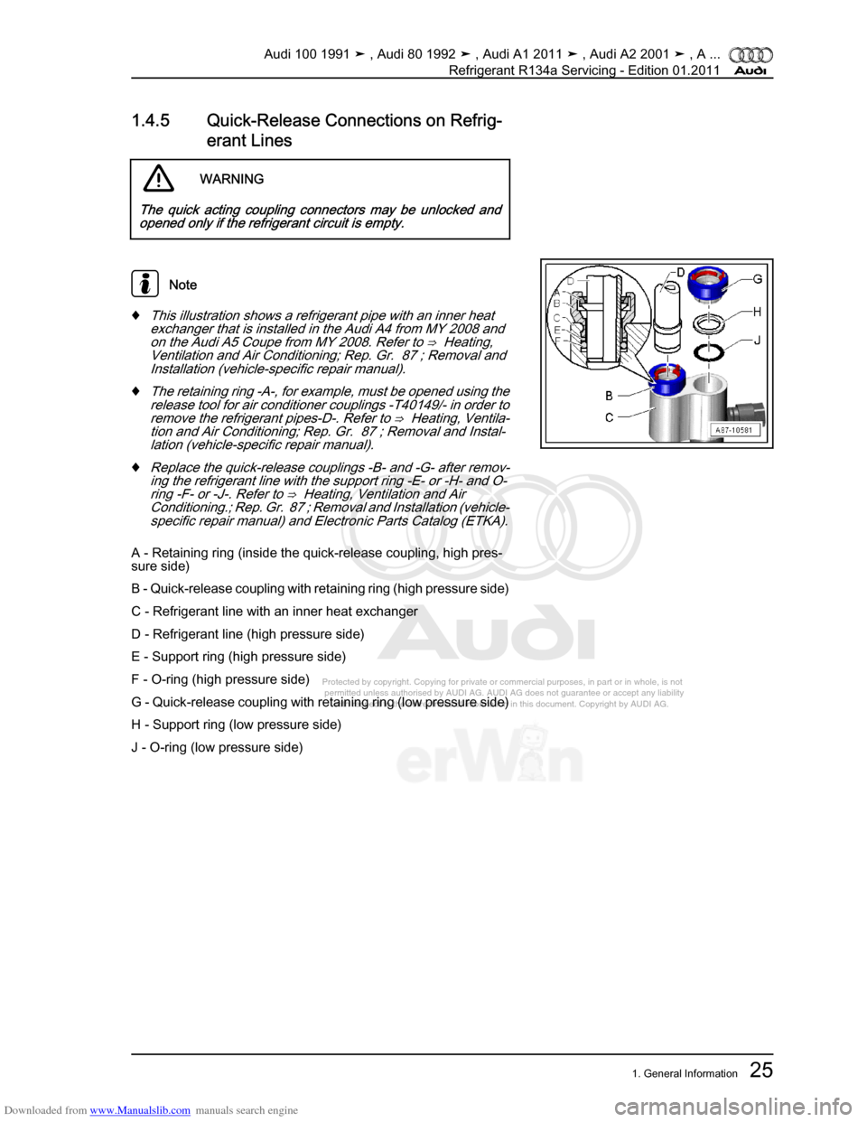 AUDI 100 1991 44 Refrigerant R134a Servising Workshop Manual Downloaded from www.Manualslib.com manuals search engine Protected by copyright. Copying for private or commercial purposes, in p\
art or in whole, is not  
 permitted unless authorised by AUDI AG. AU