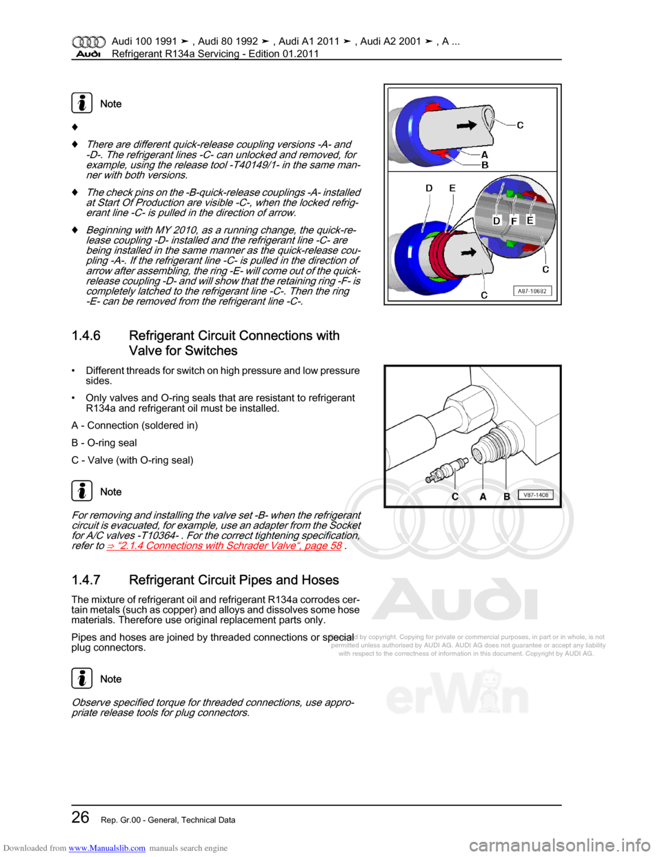 AUDI 100 1991 44 Refrigerant R134a Servising Workshop Manual Downloaded from www.Manualslib.com manuals search engine Protected by copyright. Copying for private or commercial purposes, in p\
art or in whole, is not  
 permitted unless authorised by AUDI AG. AU