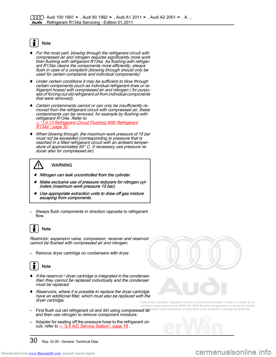 AUDI 100 1991 44 Refrigerant R134a Servising Workshop Manual Downloaded from www.Manualslib.com manuals search engine Protected by copyright. Copying for private or commercial purposes, in p\
art or in whole, is not  
 permitted unless authorised by AUDI AG. AU