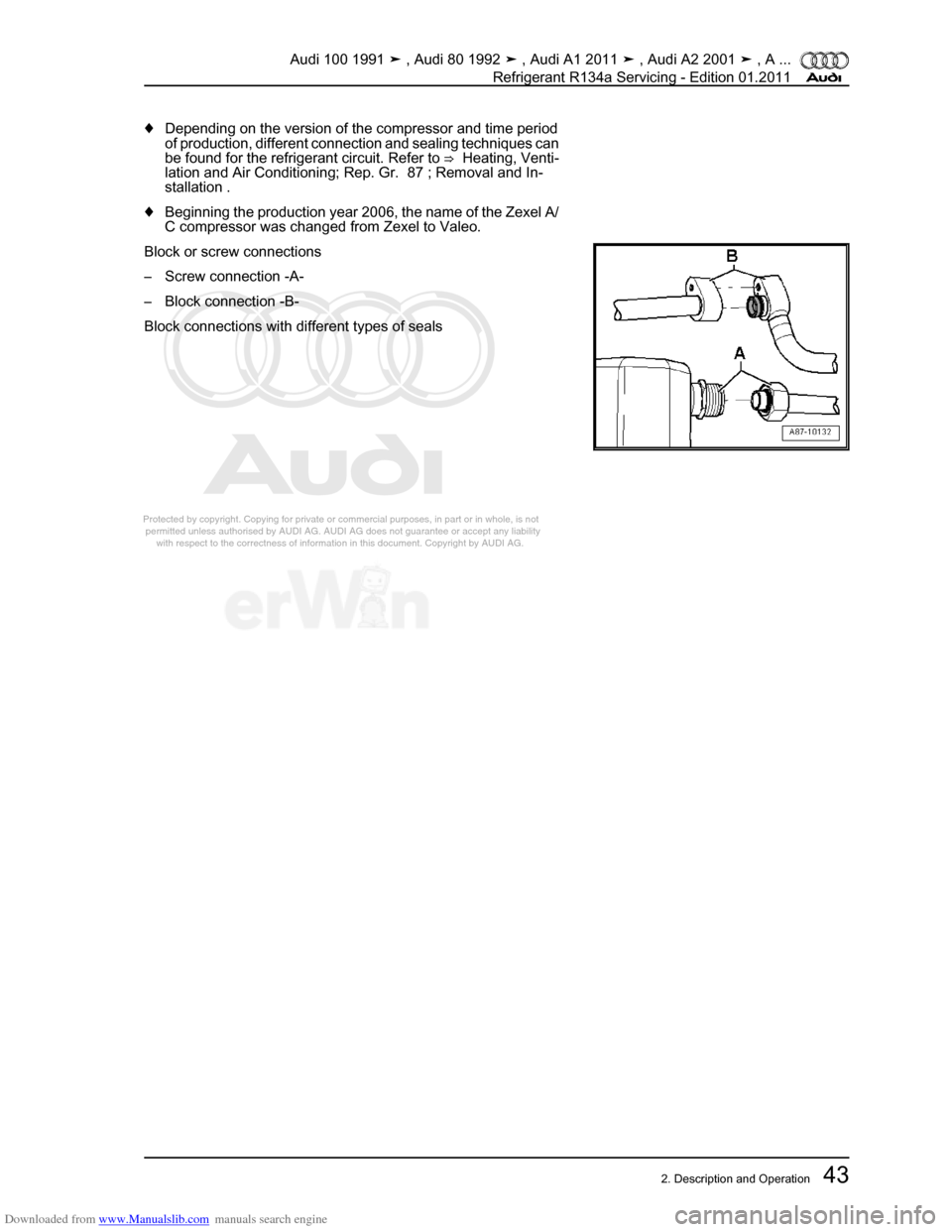 AUDI 100 1991 44 Refrigerant R134a Servising Workshop Manual Downloaded from www.Manualslib.com manuals search engine Protected by copyright. Copying for private or commercial purposes, in p\
art or in whole, is not  
 permitted unless authorised by AUDI AG. AU