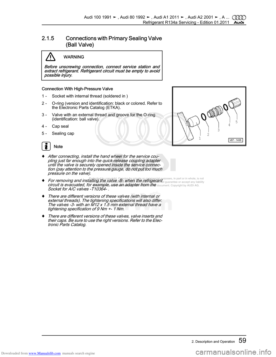 AUDI 100 1991 44 Refrigerant R134a Servising Workshop Manual Downloaded from www.Manualslib.com manuals search engine Protected by copyright. Copying for private or commercial purposes, in p\
art or in whole, is not  
 permitted unless authorised by AUDI AG. AU