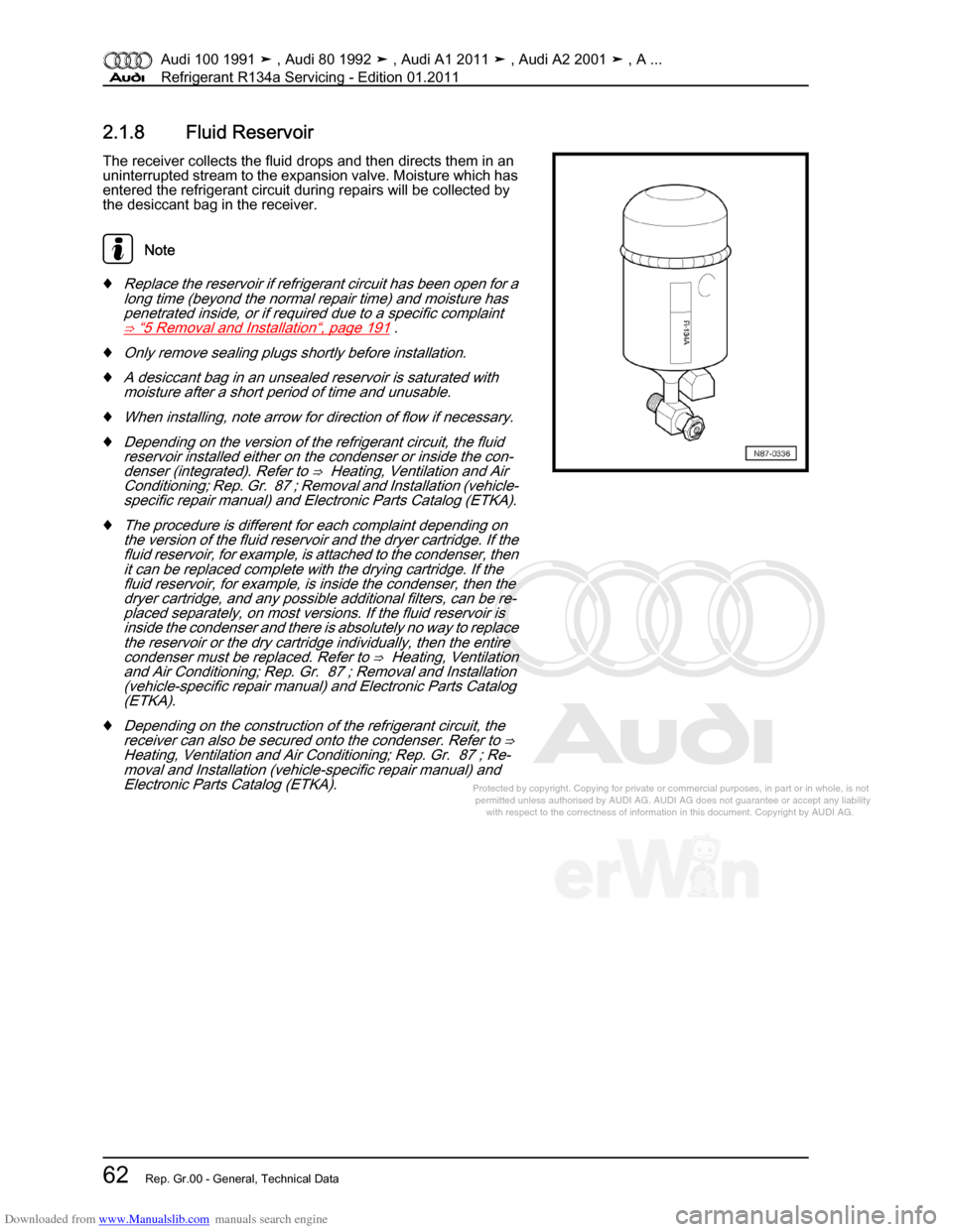 AUDI 100 1991 44 Refrigerant R134a Servising Workshop Manual Downloaded from www.Manualslib.com manuals search engine Protected by copyright. Copying for private or commercial purposes, in p\
art or in whole, is not  
 permitted unless authorised by AUDI AG. AU