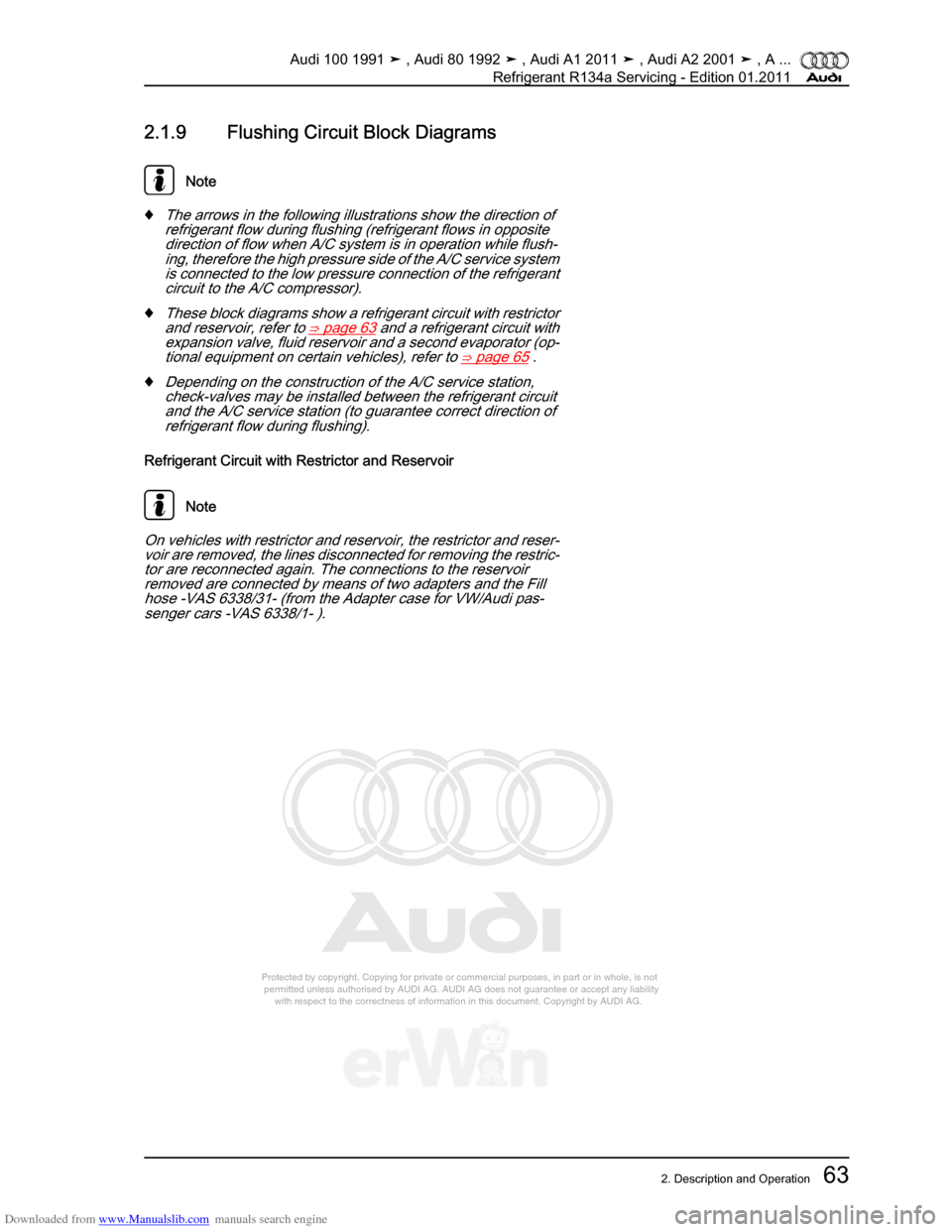 AUDI 100 1991 44 Refrigerant R134a Servising Workshop Manual Downloaded from www.Manualslib.com manuals search engine Protected by copyright. Copying for private or commercial purposes, in p\
art or in whole, is not  
 permitted unless authorised by AUDI AG. AU