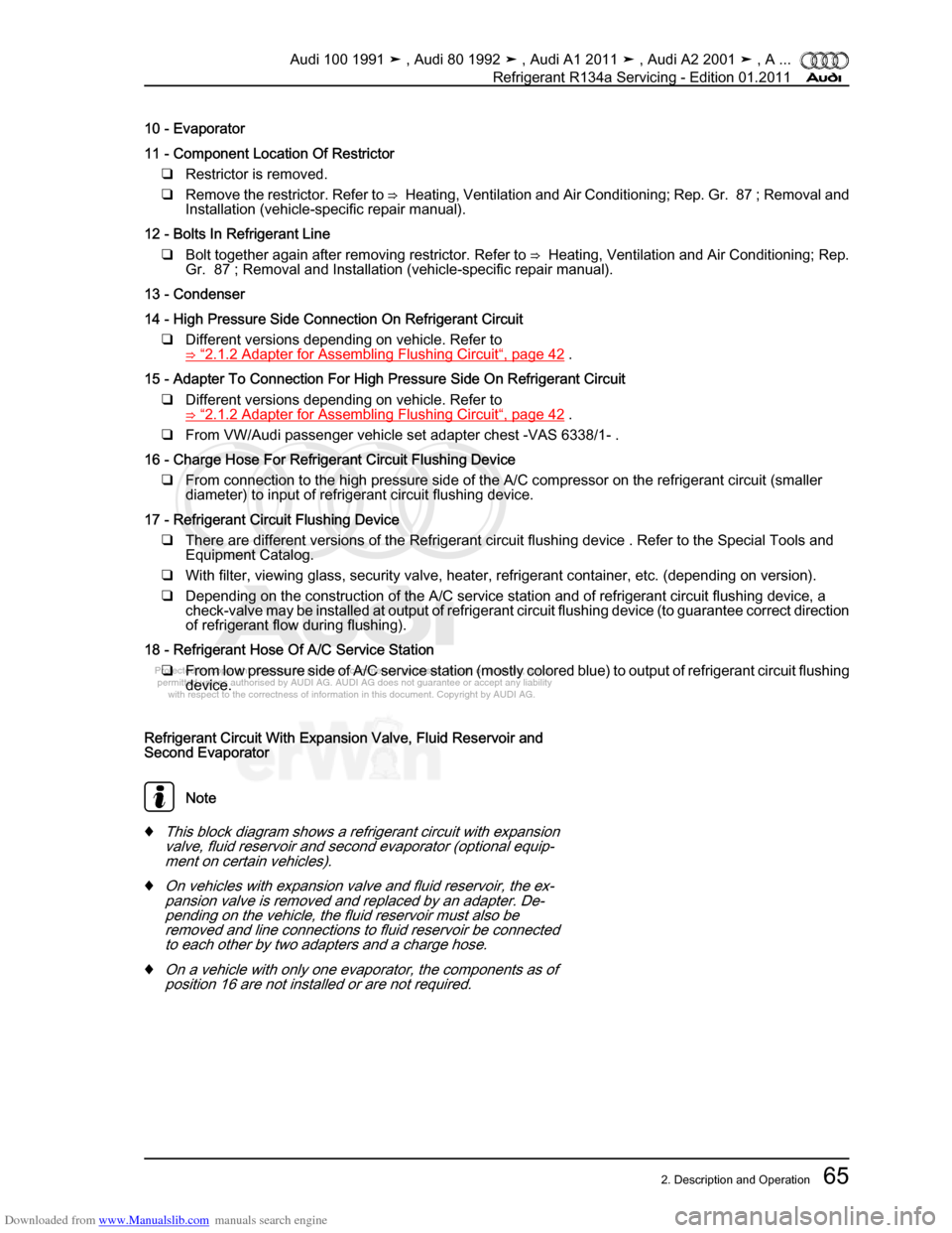 AUDI 100 1991 44 Refrigerant R134a Servising Workshop Manual Downloaded from www.Manualslib.com manuals search engine Protected by copyright. Copying for private or commercial purposes, in p\
art or in whole, is not  
 permitted unless authorised by AUDI AG. AU