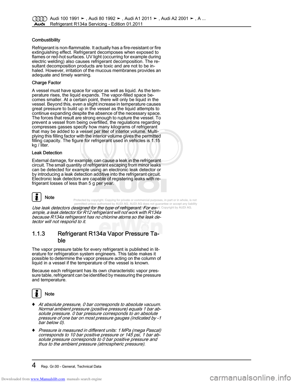 AUDI 100 1991 44 Refrigerant R134a Servising Workshop Manual Downloaded from www.Manualslib.com manuals search engine Protected by copyright. Copying for private or commercial purposes, in p\
art or in whole, is not  
 permitted unless authorised by AUDI AG. AU