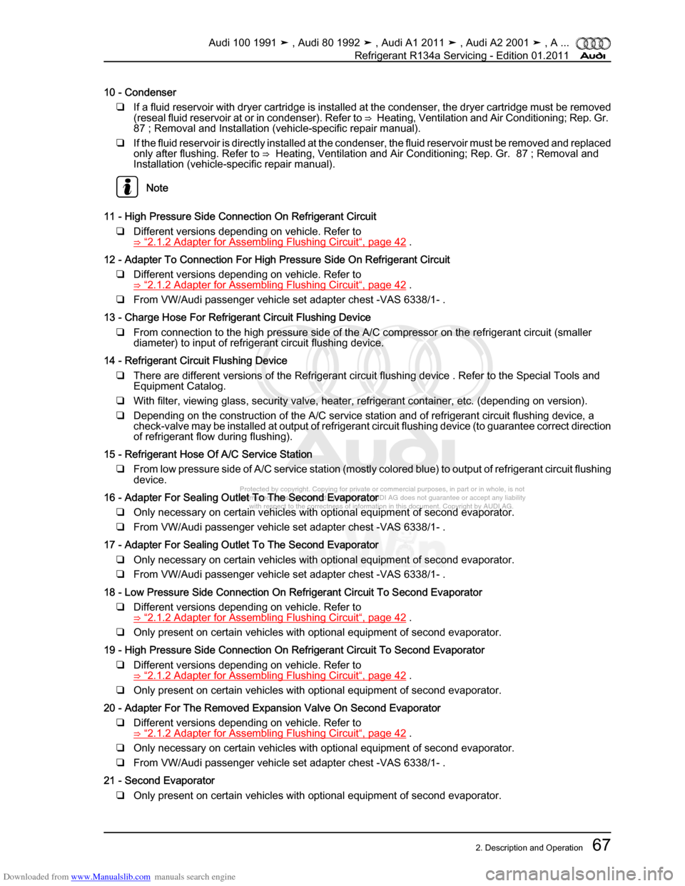 AUDI 100 1991 44 Refrigerant R134a Servising Workshop Manual Downloaded from www.Manualslib.com manuals search engine Protected by copyright. Copying for private or commercial purposes, in p\
art or in whole, is not  
 permitted unless authorised by AUDI AG. AU