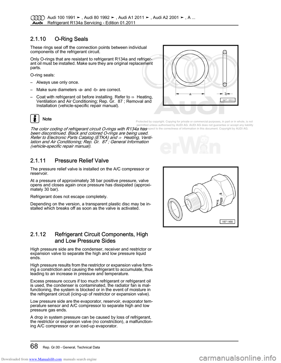 AUDI 100 1991 44 Refrigerant R134a Servising Workshop Manual Downloaded from www.Manualslib.com manuals search engine Protected by copyright. Copying for private or commercial purposes, in p\
art or in whole, is not  
 permitted unless authorised by AUDI AG. AU