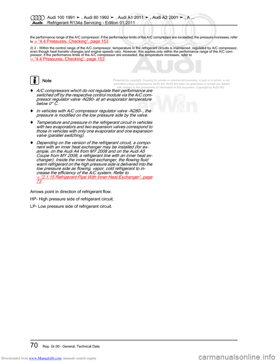 AUDI 100 1991 44 Refrigerant R134a Servising Workshop Manual Downloaded from www.Manualslib.com manuals search engine Protected by copyright. Copying for private or commercial purposes, in p\
art or in whole, is not  
 permitted unless authorised by AUDI AG. AU