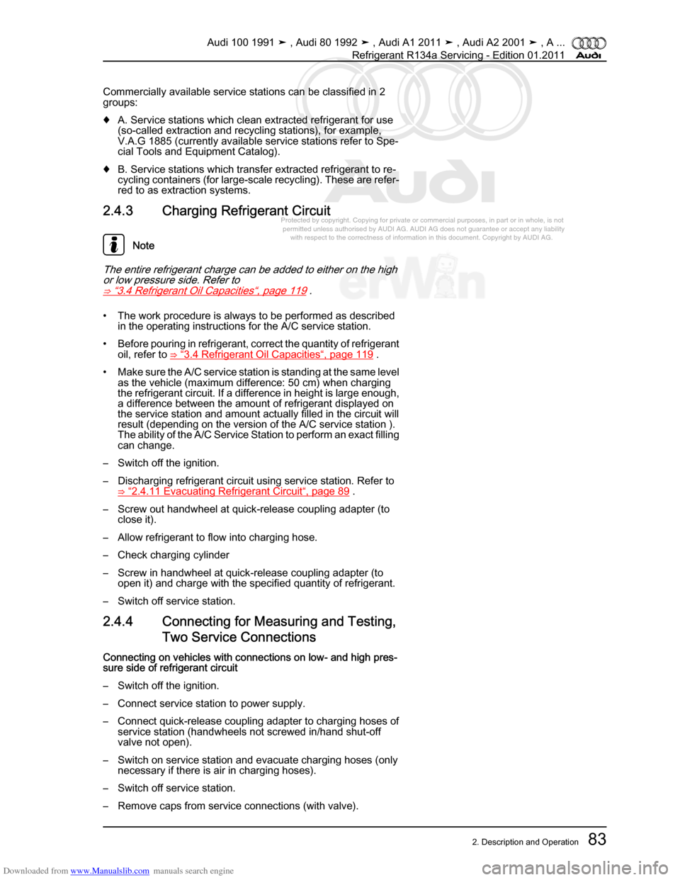 AUDI 100 1991 44 Refrigerant R134a Servising Workshop Manual Downloaded from www.Manualslib.com manuals search engine Protected by copyright. Copying for private or commercial purposes, in p\
art or in whole, is not  
 permitted unless authorised by AUDI AG. AU