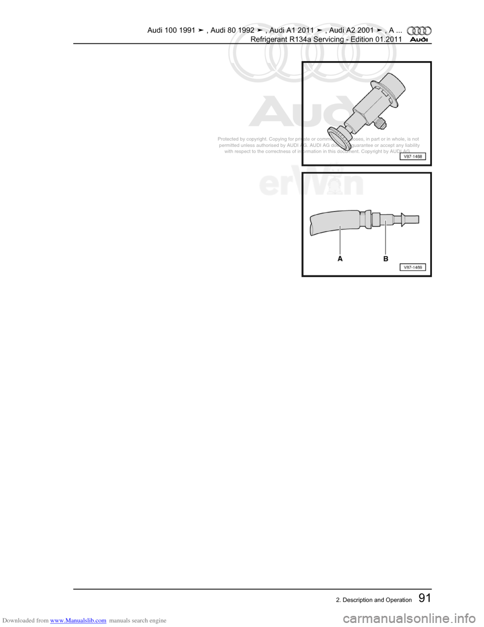 AUDI 100 1991 44 Refrigerant R134a Servising Workshop Manual Downloaded from www.Manualslib.com manuals search engine Protected by copyright. Copying for private or commercial purposes, in p\
art or in whole, is not  
 permitted unless authorised by AUDI AG. AU