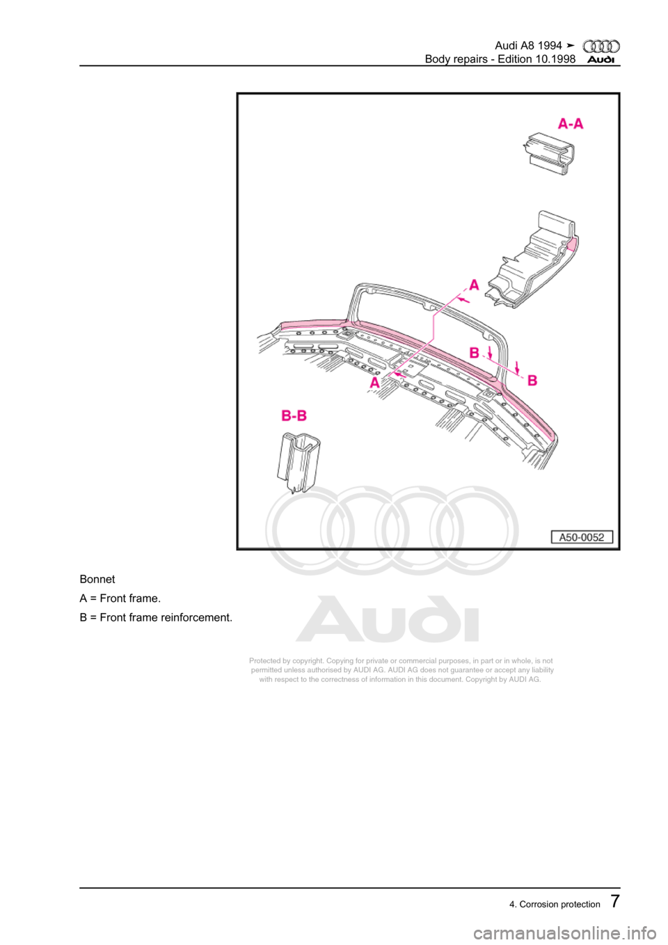 AUDI A8 1994 D4 / 1.G Body Repairs Workshop Manual 
Protected by copyright. Copying for private or commercial purposes, in p\
art or in whole, is not 
 permitted unless authorised by AUDI AG. AUDI AG does not guarantee or a\
ccept any liability 
     