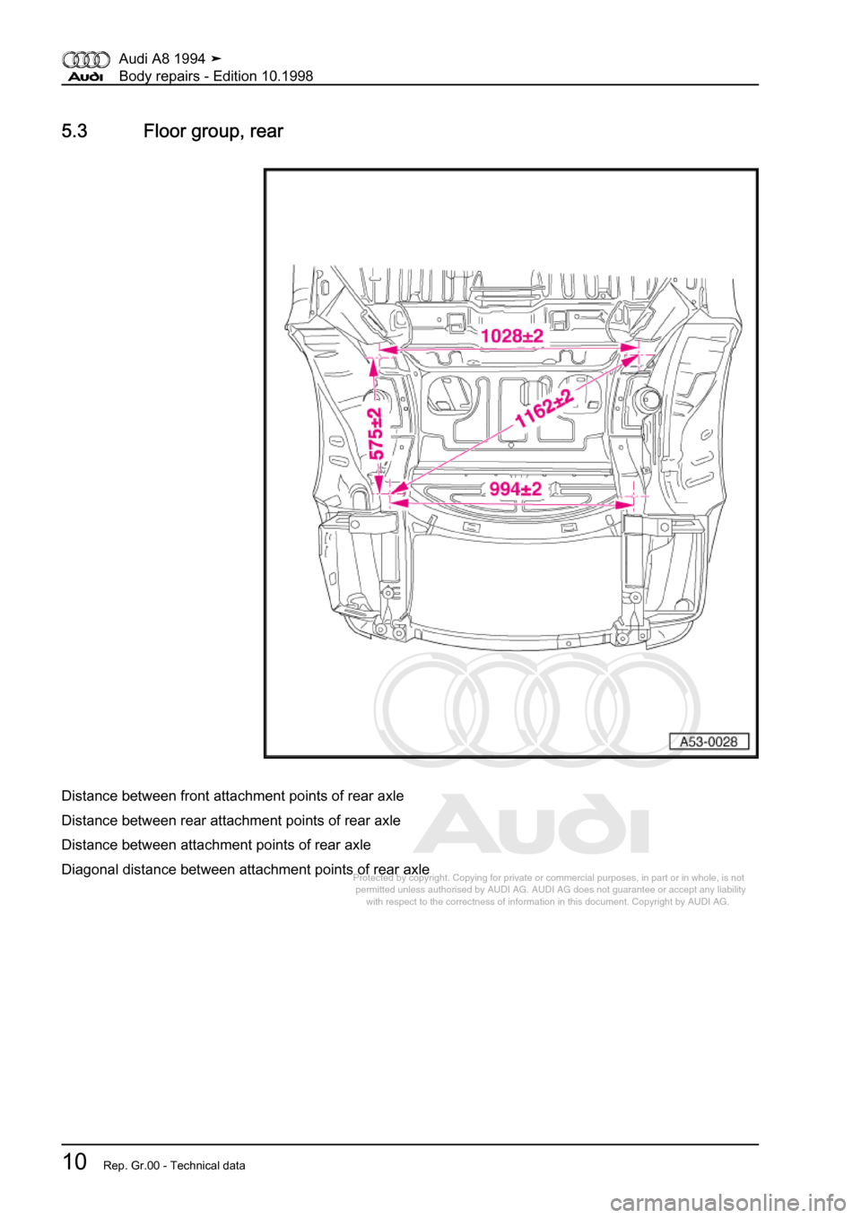 AUDI A8 1994 D4 / 1.G Body Repairs Workshop Manual 
Protected by copyright. Copying for private or commercial purposes, in p\
art or in whole, is not 
 permitted unless authorised by AUDI AG. AUDI AG does not guarantee or a\
ccept any liability 
     