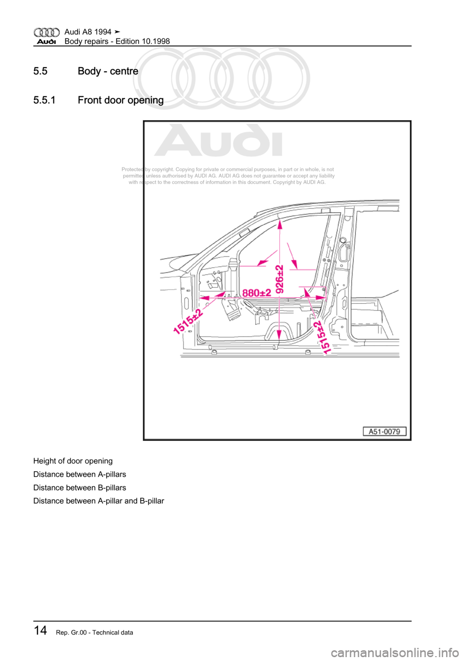 AUDI A8 1994 D4 / 1.G Body Repairs Workshop Manual 
Protected by copyright. Copying for private or commercial purposes, in p\
art or in whole, is not 
 permitted unless authorised by AUDI AG. AUDI AG does not guarantee or a\
ccept any liability 
     