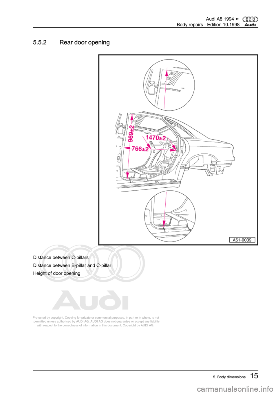AUDI A8 1994 D4 / 1.G Body Repairs Workshop Manual 
Protected by copyright. Copying for private or commercial purposes, in p\
art or in whole, is not 
 permitted unless authorised by AUDI AG. AUDI AG does not guarantee or a\
ccept any liability 
     