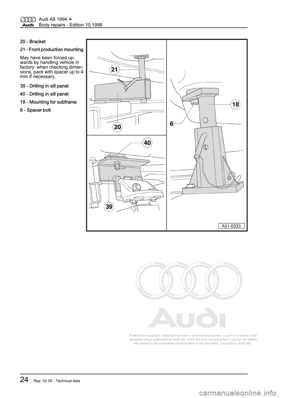 AUDI A8 1994 D4 / 1.G Body Repairs Workshop Manual 
Protected by copyright. Copying for private or commercial purposes, in p\
art or in whole, is not 
 permitted unless authorised by AUDI AG. AUDI AG does not guarantee or a\
ccept any liability 
     