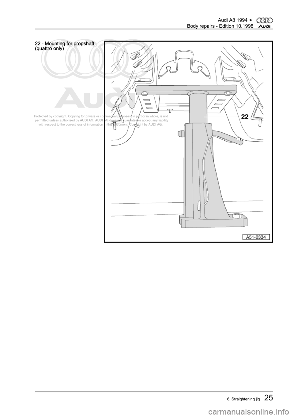 AUDI A8 1994 D4 / 1.G Body Repairs Workshop Manual 
Protected by copyright. Copying for private or commercial purposes, in p\
art or in whole, is not 
 permitted unless authorised by AUDI AG. AUDI AG does not guarantee or a\
ccept any liability 
     