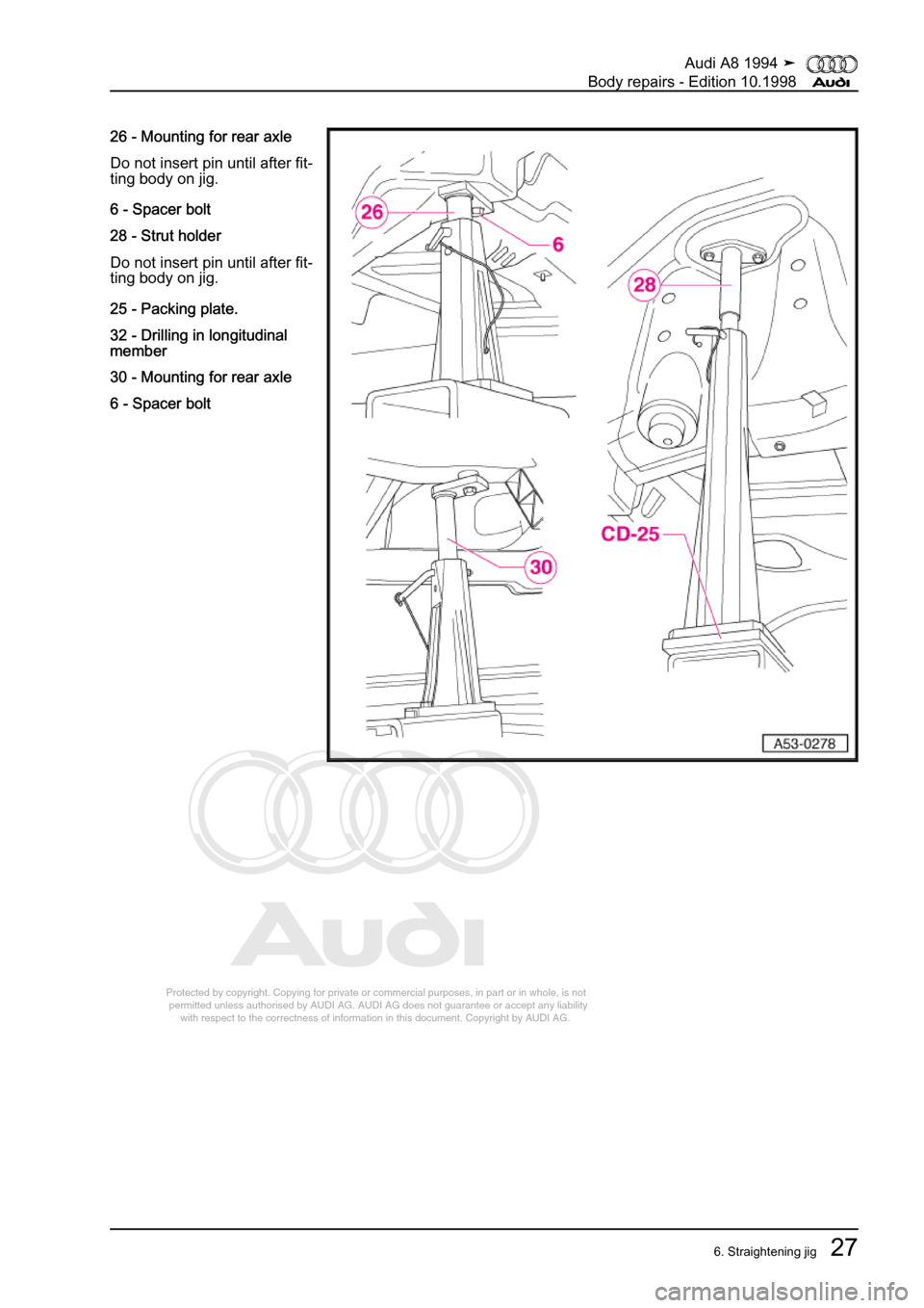 AUDI A8 1994 D4 / 1.G Body Repairs Workshop Manual 
Protected by copyright. Copying for private or commercial purposes, in p\
art or in whole, is not 
 permitted unless authorised by AUDI AG. AUDI AG does not guarantee or a\
ccept any liability 
     