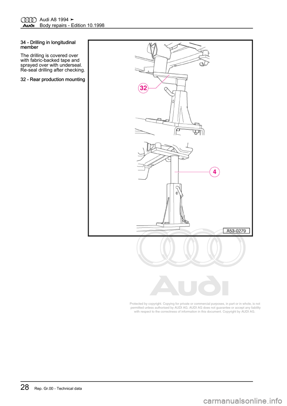 AUDI A8 1994 D4 / 1.G Body Repairs Workshop Manual 
Protected by copyright. Copying for private or commercial purposes, in p\
art or in whole, is not 
 permitted unless authorised by AUDI AG. AUDI AG does not guarantee or a\
ccept any liability 
     