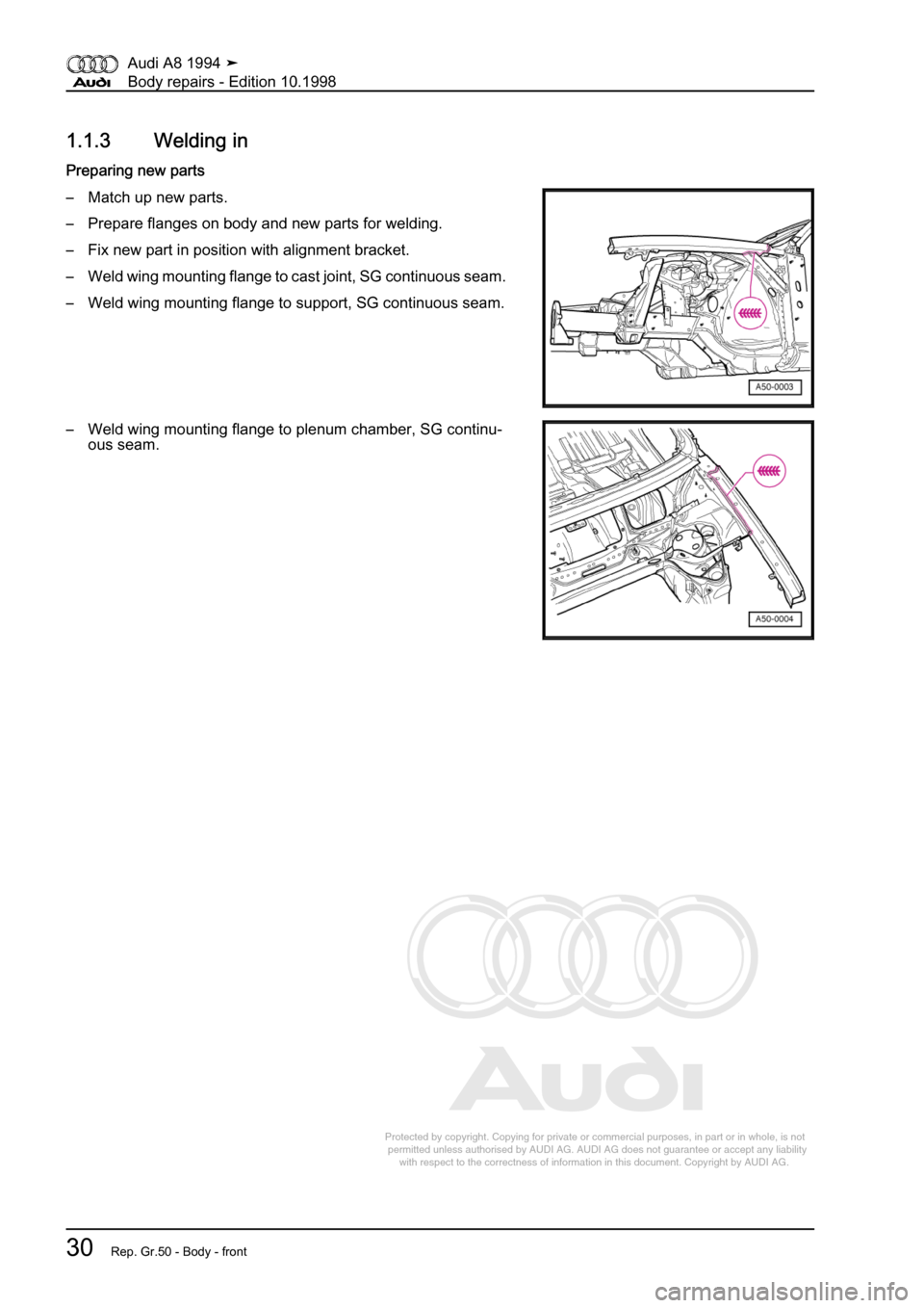 AUDI A8 1994 D4 / 1.G Body Repairs Workshop Manual 
Protected by copyright. Copying for private or commercial purposes, in p\
art or in whole, is not 
 permitted unless authorised by AUDI AG. AUDI AG does not guarantee or a\
ccept any liability 
     