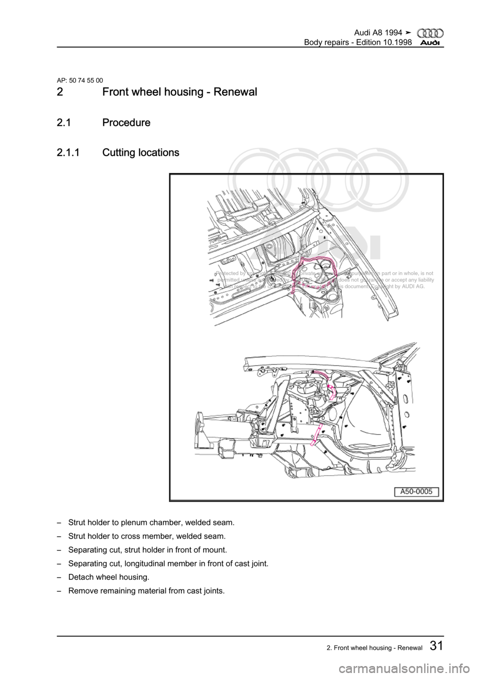 AUDI A8 1994 D4 / 1.G Body Repairs Workshop Manual 
Protected by copyright. Copying for private or commercial purposes, in p\
art or in whole, is not 
 permitted unless authorised by AUDI AG. AUDI AG does not guarantee or a\
ccept any liability 
     
