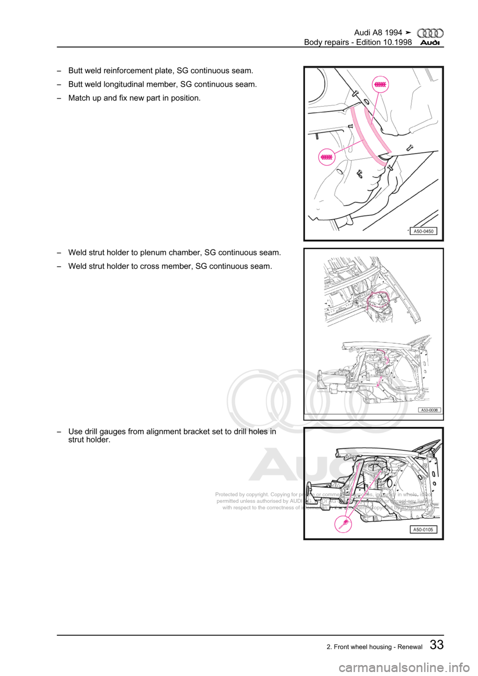 AUDI A8 1994 D4 / 1.G Body Repairs Workshop Manual 
Protected by copyright. Copying for private or commercial purposes, in p\
art or in whole, is not 
 permitted unless authorised by AUDI AG. AUDI AG does not guarantee or a\
ccept any liability 
     