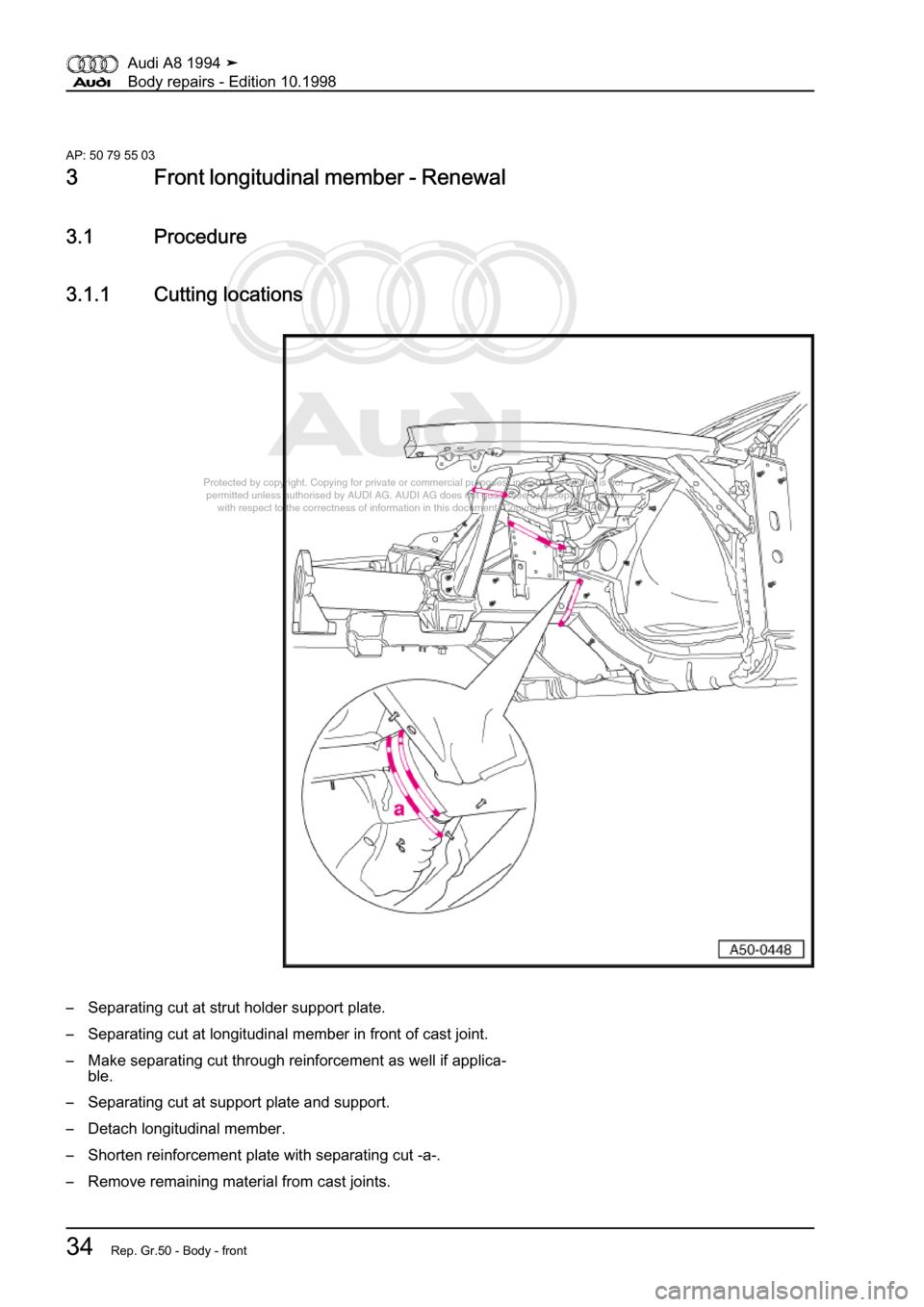 AUDI A8 1994 D4 / 1.G Body Repairs Workshop Manual 
Protected by copyright. Copying for private or commercial purposes, in p\
art or in whole, is not 
 permitted unless authorised by AUDI AG. AUDI AG does not guarantee or a\
ccept any liability 
     