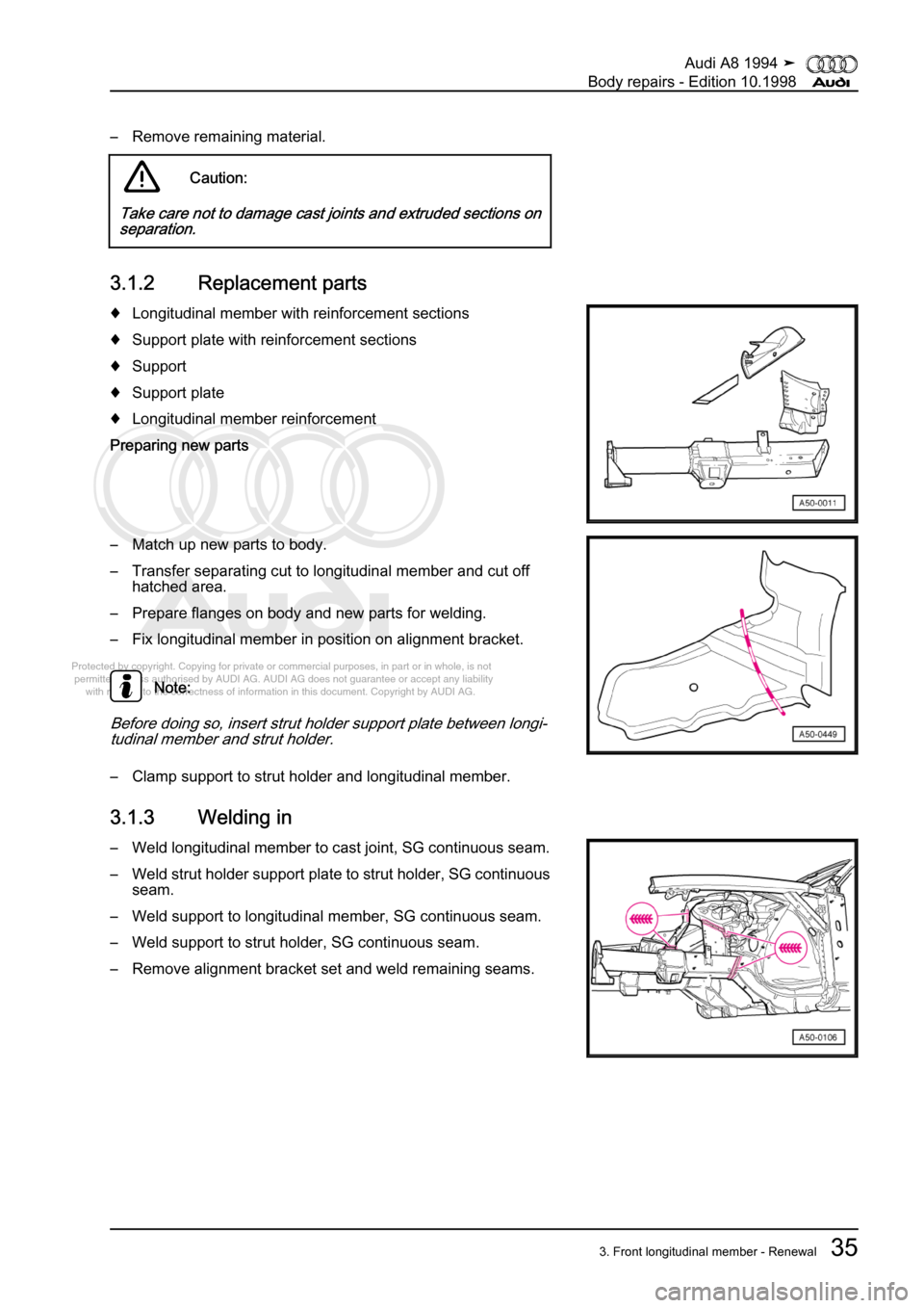 AUDI A8 1994 D4 / 1.G Body Repairs Workshop Manual 
Protected by copyright. Copying for private or commercial purposes, in p\
art or in whole, is not 
 permitted unless authorised by AUDI AG. AUDI AG does not guarantee or a\
ccept any liability 
     